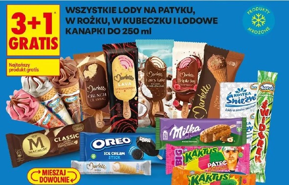 Wszystkie lody na patyku, w rożku, w kubeczku i lodowe kanapki do 250 ml