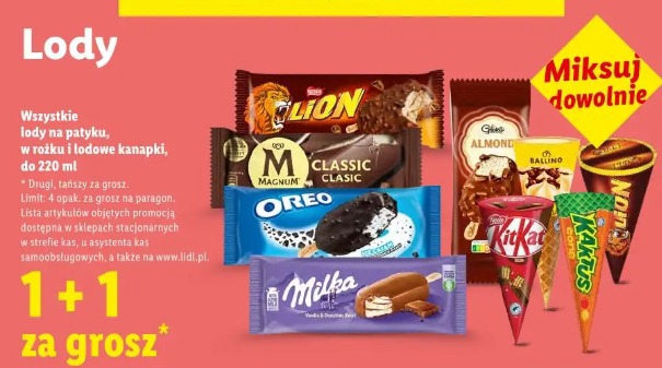 Wszystkie lody na patyku, w rożku i lodowe kanapki, do 220 ml