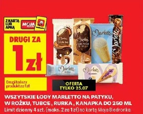 Lody Marletto na patyku, w rożku, tubce, rurka, kanapka