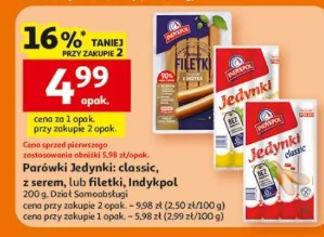 Parówki Jedynki: classic, z serem, lub filetką, Indykpol
