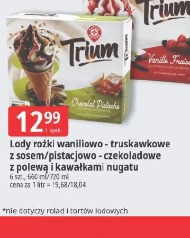 Trium Lody rożki waniliowo-truskawkowe z sosem pistacjowo-czekoladowe z polewą i kawałkami nugatu