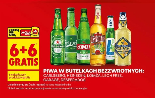 Piwa w butelkach bezzwrotnych: Carlsberg, Heineken, Łomża, Lech Free, Garage, Desperados