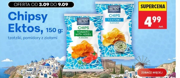 Chipsy Ektos tzatziki, pomidory z ziołami