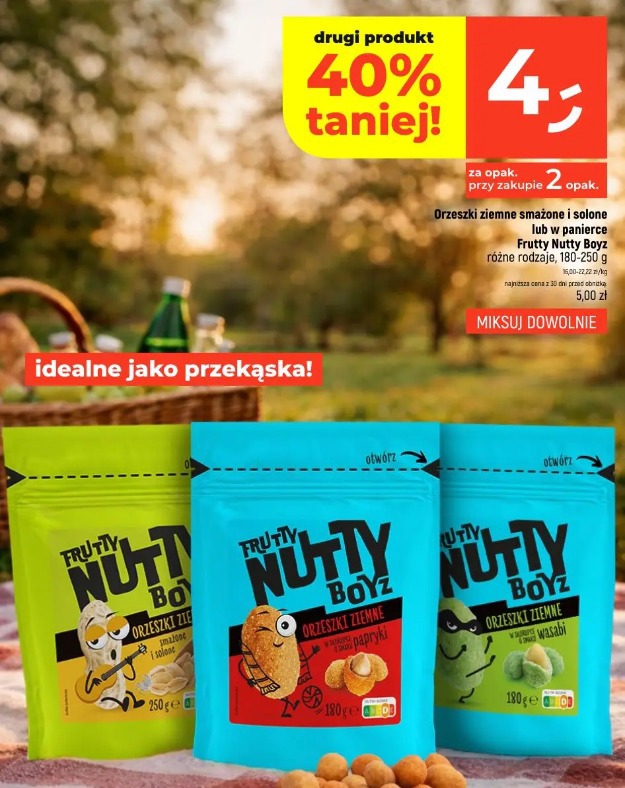 Orzeszki ziemne smażone i solone lub w panierce Fruity Nutty Boyz różne rodzaje