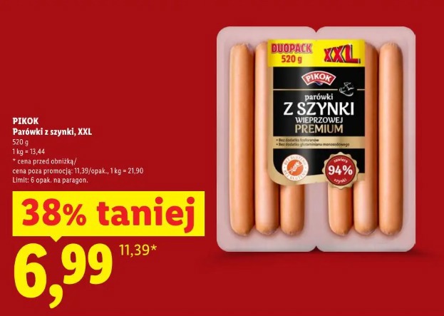 Pikok Parówki z szynki, XXL