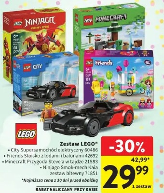Zestaw LEGO City Supersamochód elektryczny 60486 Friends Stoisko z lodami i balonami 42692 Minecraft Przygoda Steve'a w tajdze 21183 Ninjago Smok-mech Kaia zestaw bitewny 71851