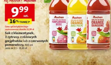 Sok z klementynek, 3 cytrusy, z różowych grejpfrutów lub z czerwonych pomarańczy Auchan